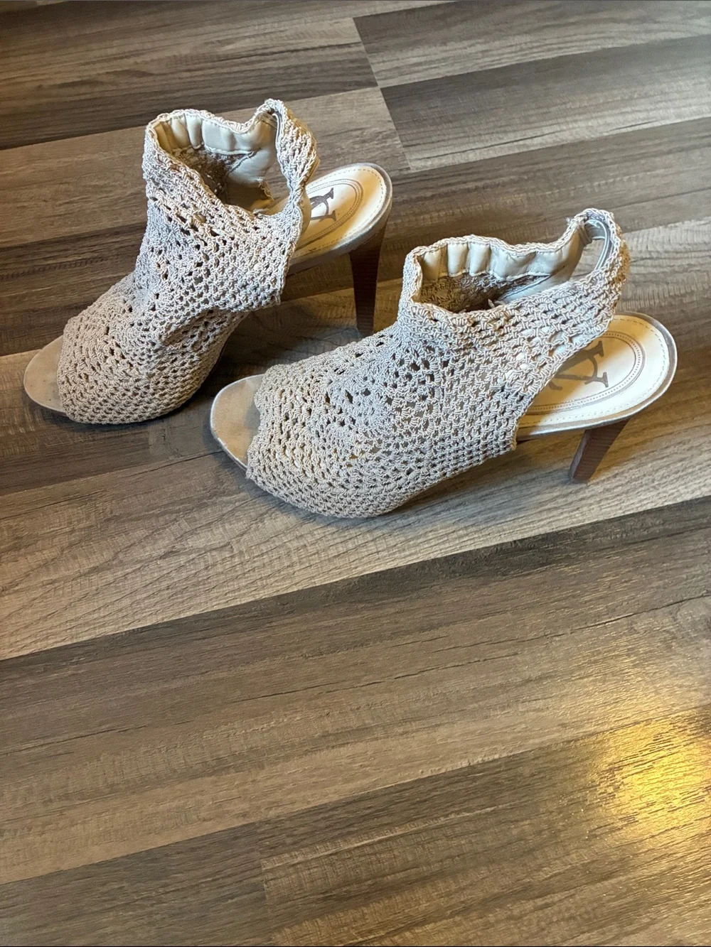 Vince Camuto Beige Crochet Peep-Toe Heels
